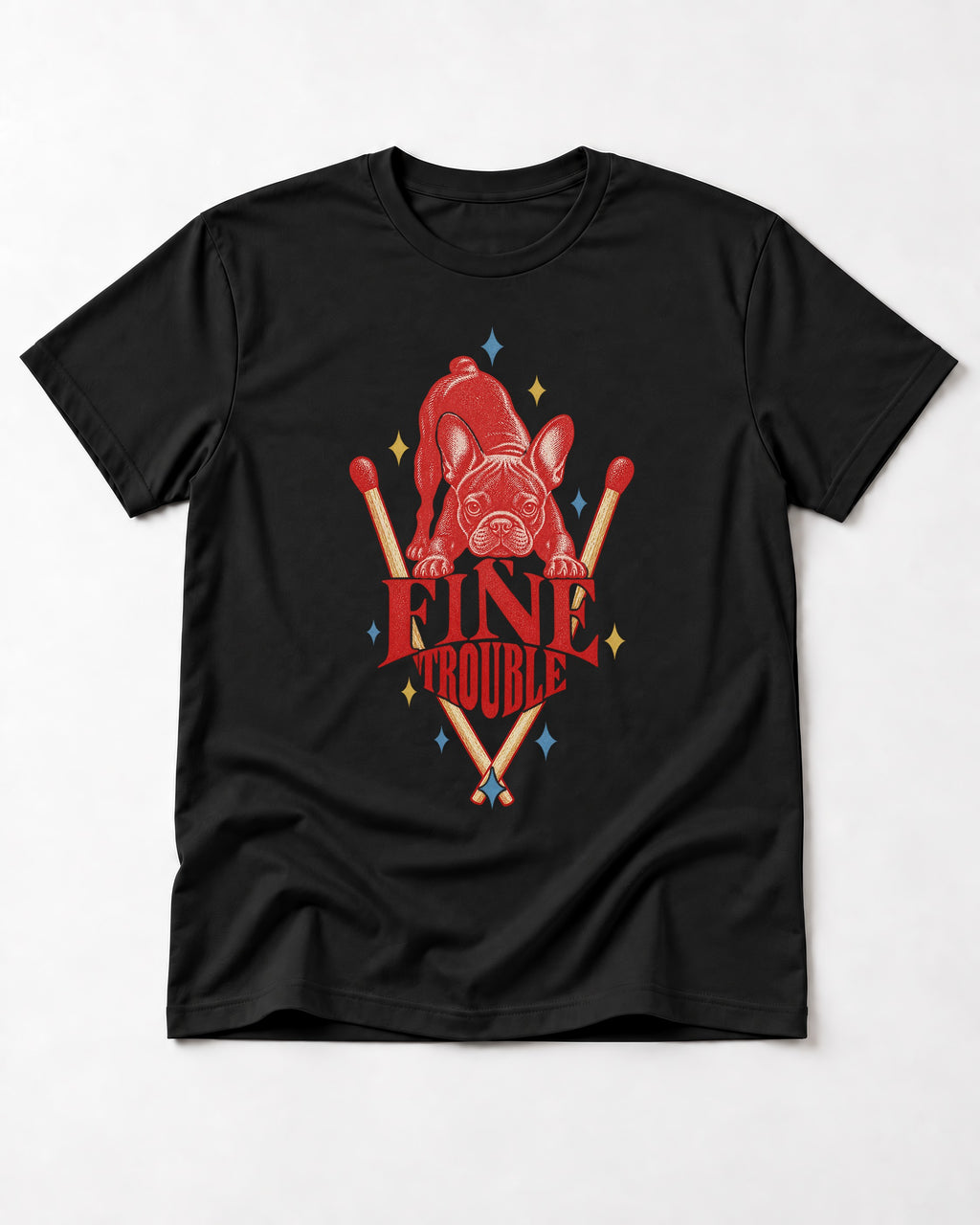 Fine Trouble Boston Terrier Matchstick Graphic T-Shirt in Black, flat lay product photo