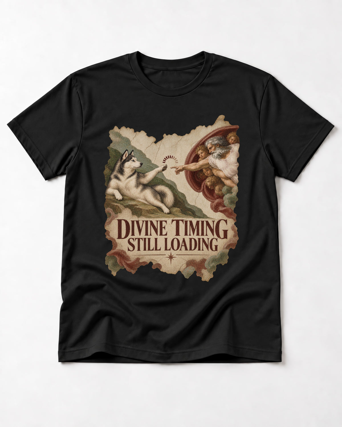 Husky Divine Timing Still Loading Creation Parody Graphic T-Shirt in Black, flat lay product photo