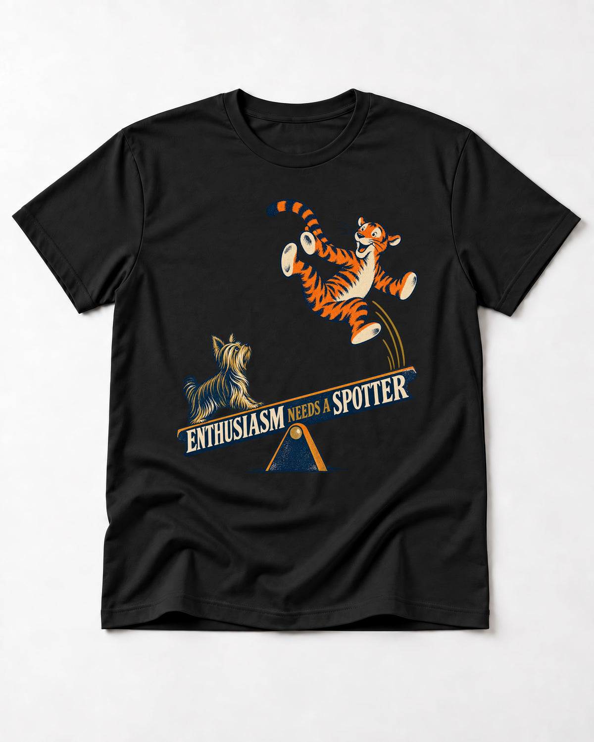 Yorkshire Terrier Enthusiasm Needs a Spotter Seesaw Graphic T-Shirt in Black, flat lay product photo