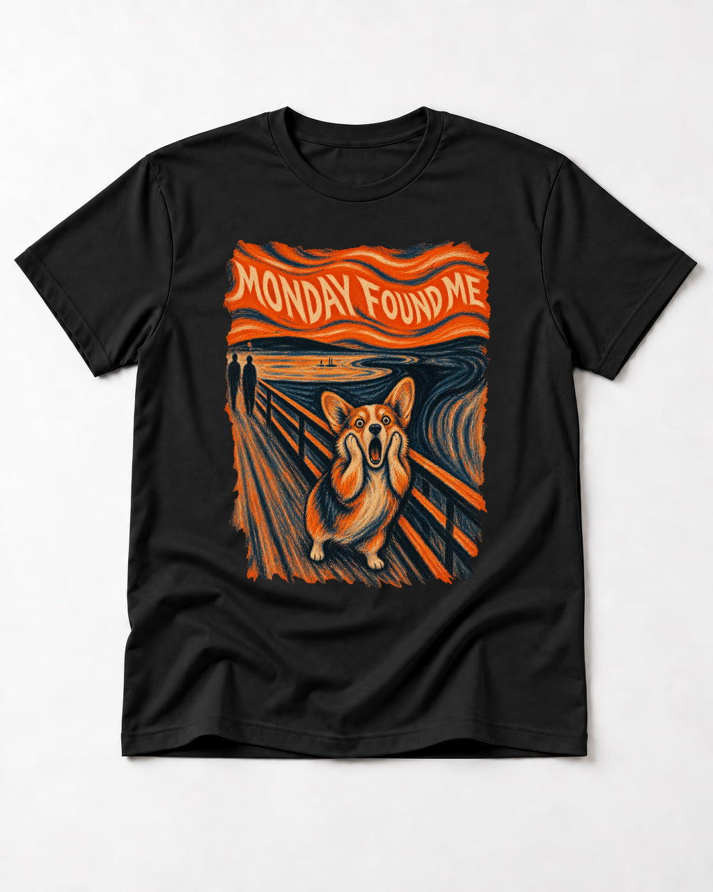 Corgi Monday Found Me Scream Banner T-Shirt in Black, flat lay product photo