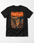 Corgi Monday Found Me Scream Banner T-Shirt in Black, flat lay product photo