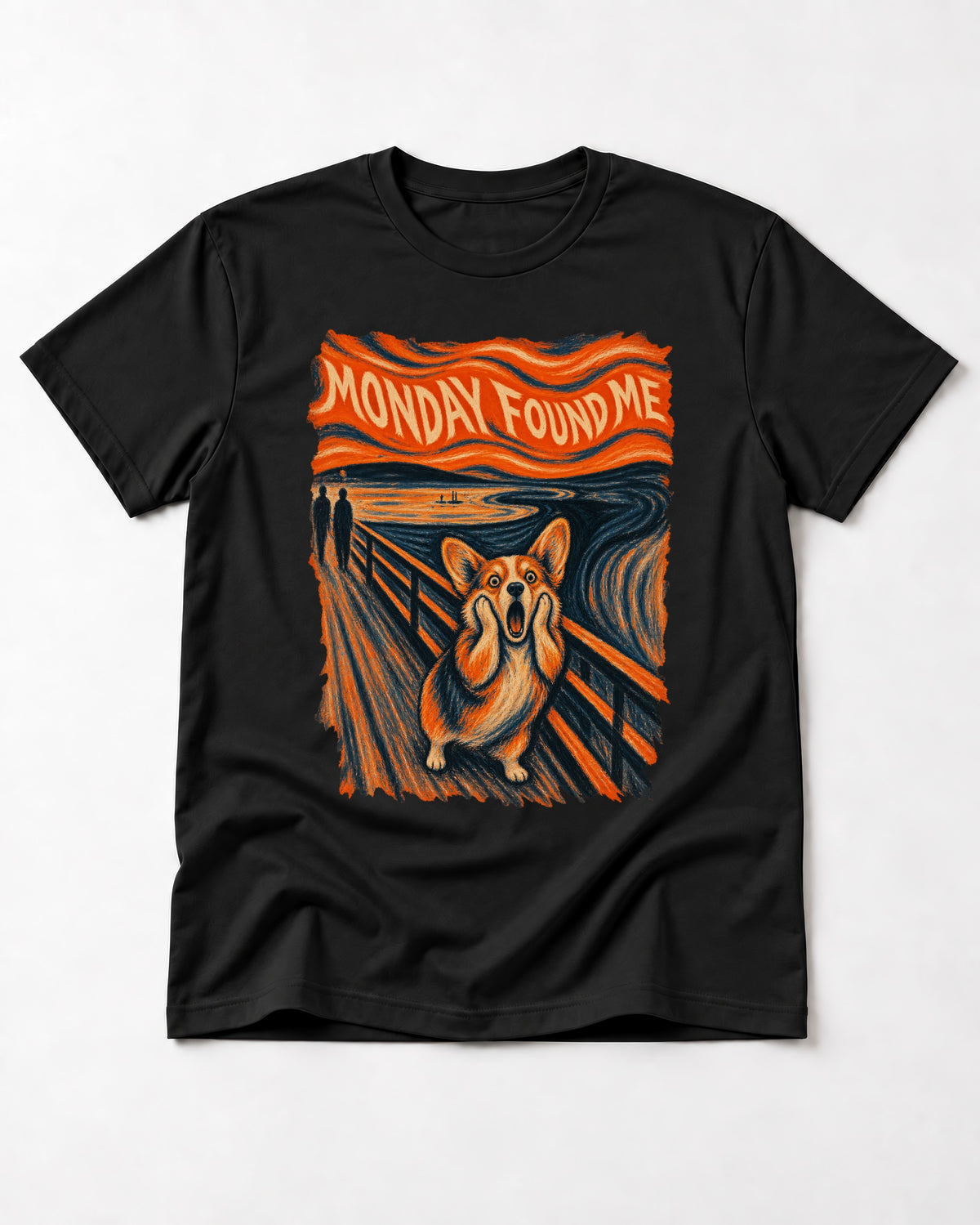 Corgi Monday Found Me Scream Banner T-Shirt in Black, flat lay product photo