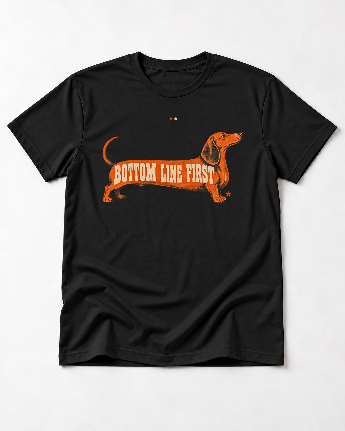 Dachshund Bottom Line First Body Lettering Graphic T-Shirt in Black, flat lay product photo