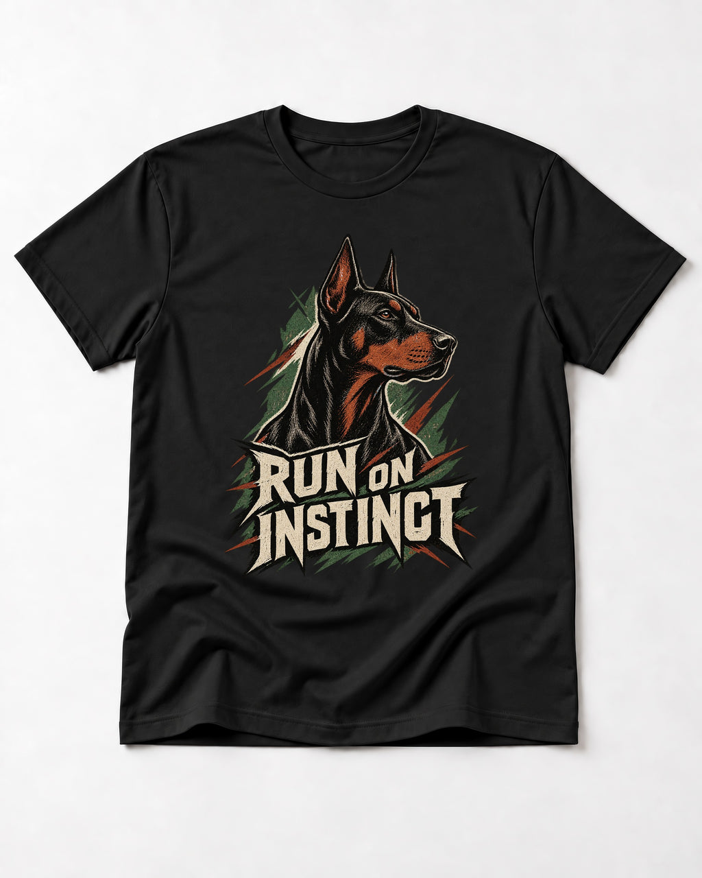 Doberman Run on Instinct Brush Slash Graphic T-Shirt in Black, flat lay product photo