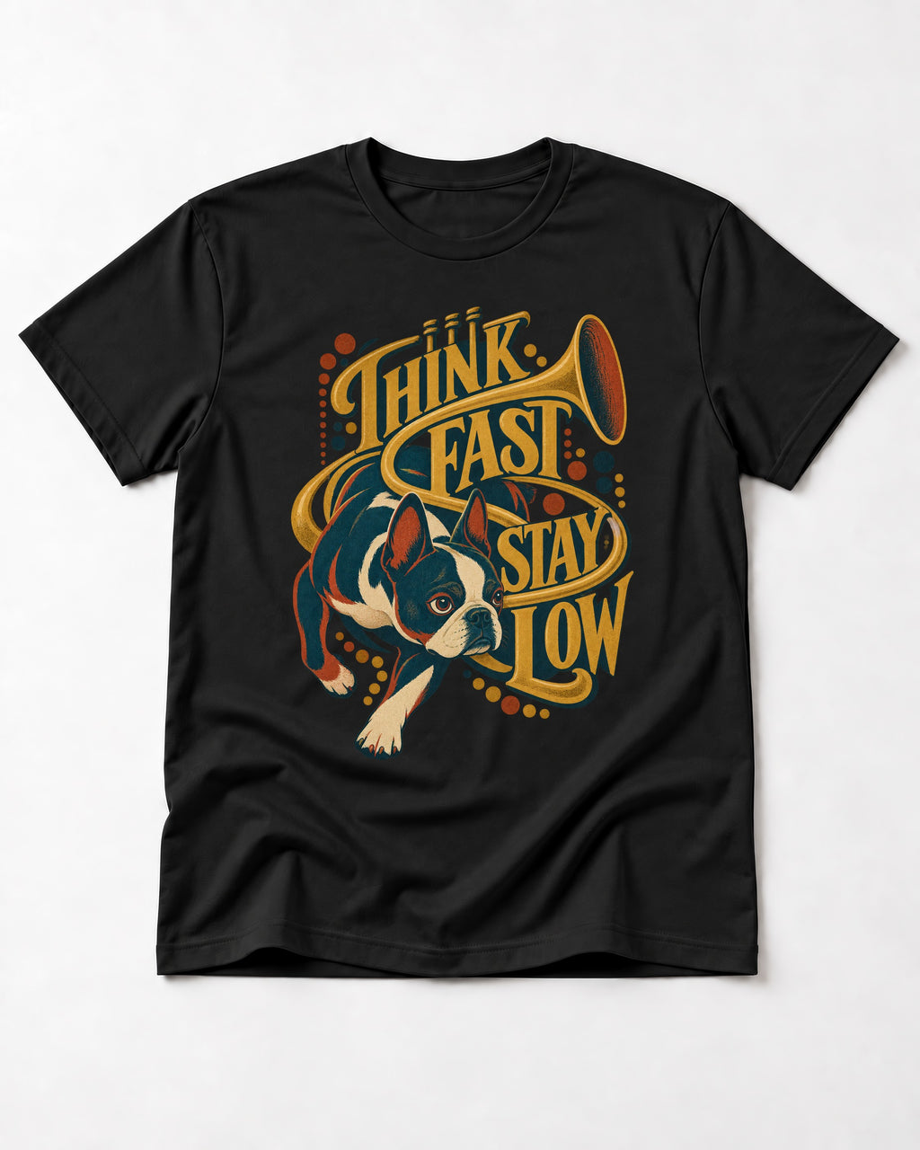 Boston Terrier Think Fast Stay Low T-Shirt in Black, flat lay product photo