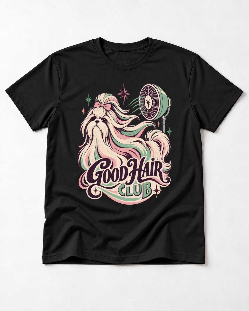 Shih Tzu Good Hair Club Salon Fan Graphic T-Shirt in Black, flat lay product photo