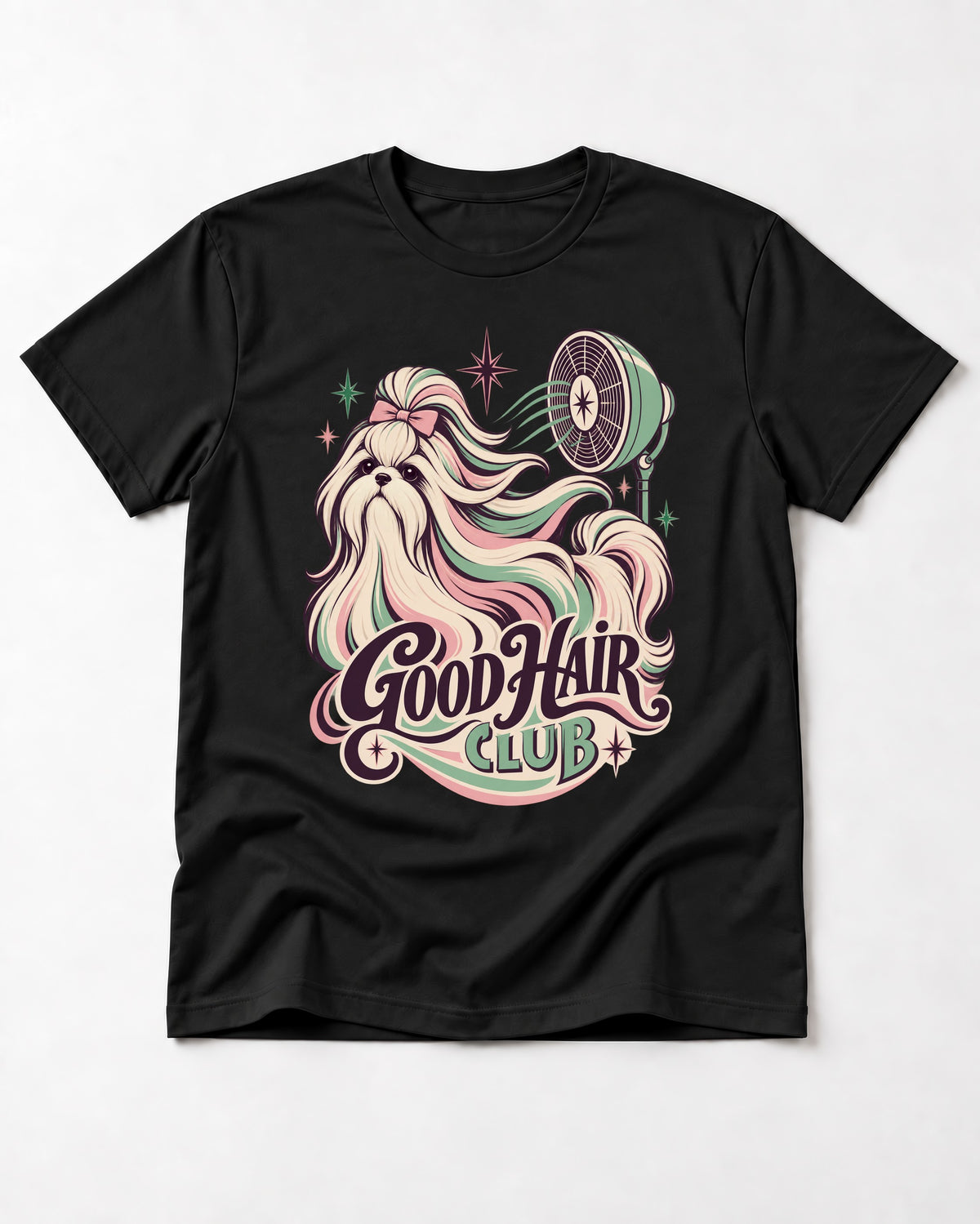 Shih Tzu Good Hair Club Salon Fan Graphic T-Shirt in Black, flat lay product photo