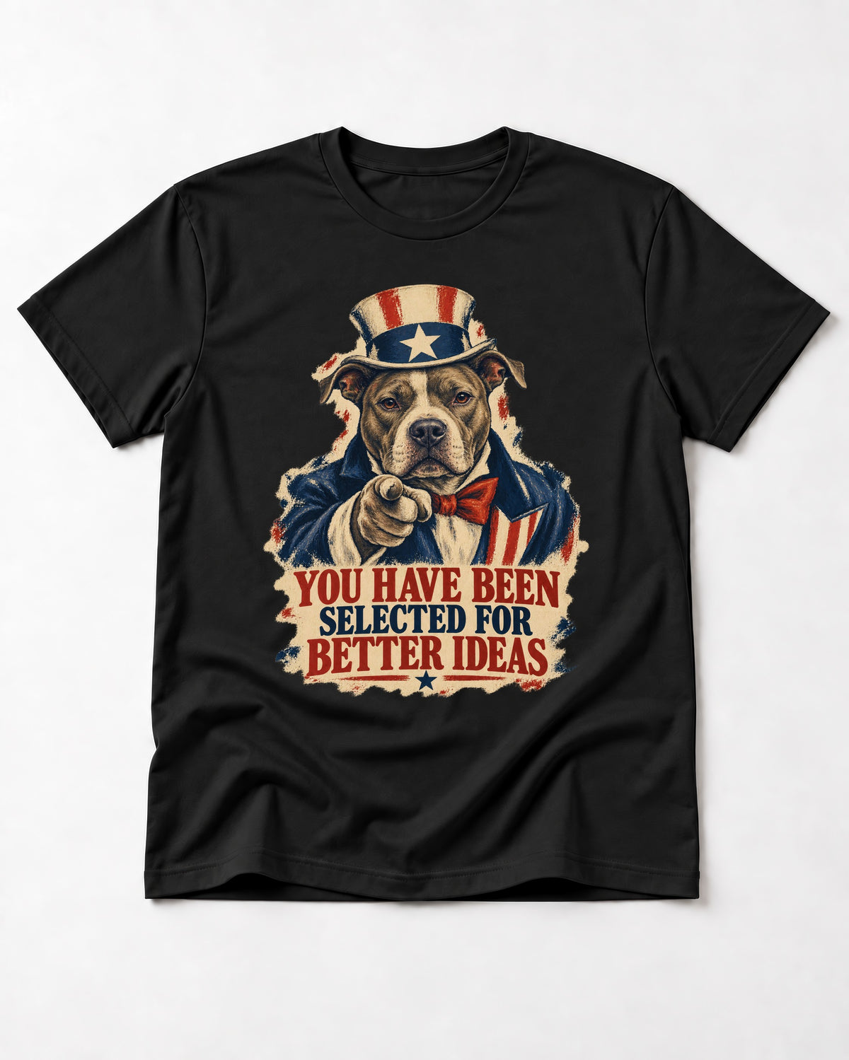 Pitbull You Have Been Selected for Better Ideas Uncle Sam Graphic T-Shirt in Black, flat lay product photo