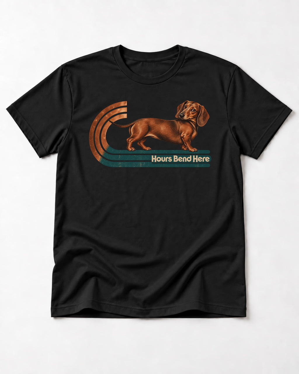 Dachshund Hours Bend Here Retro Track Graphic T-Shirt in Black, flat lay product photo