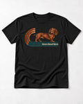 Dachshund Hours Bend Here Retro Track Graphic T-Shirt in Black, flat lay product photo