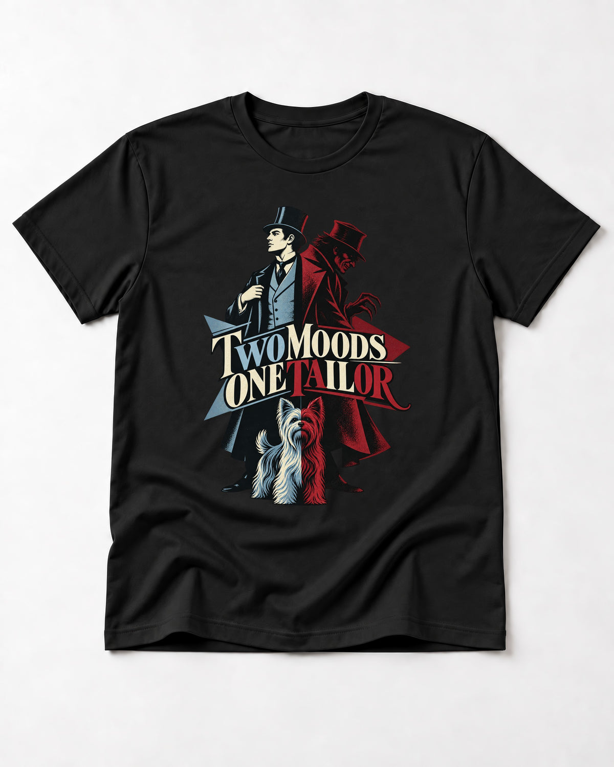 Yorkshire Terrier Two Moods One Tailor Split Persona Graphic T-Shirt in Black, flat lay product photo