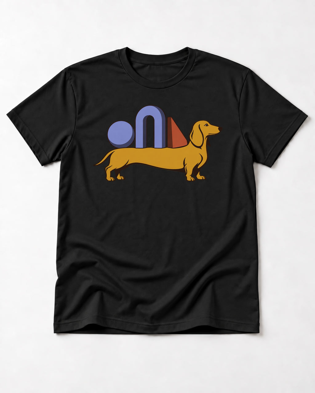 Dachshund Daydream T-Shirt in Black, flat lay product photo