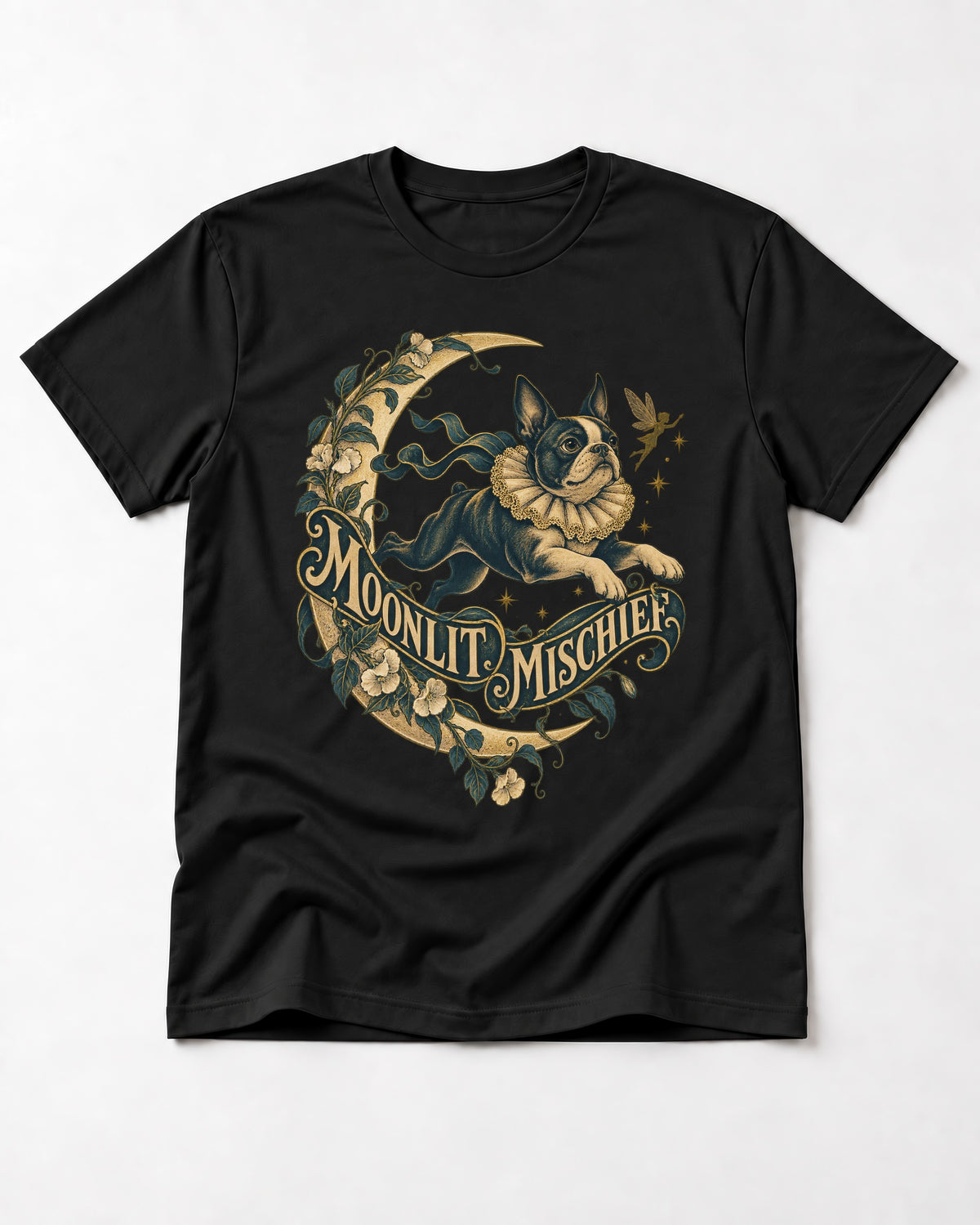 Boston Terrier Moonlit Mischief T-Shirt in Black, flat lay product photo