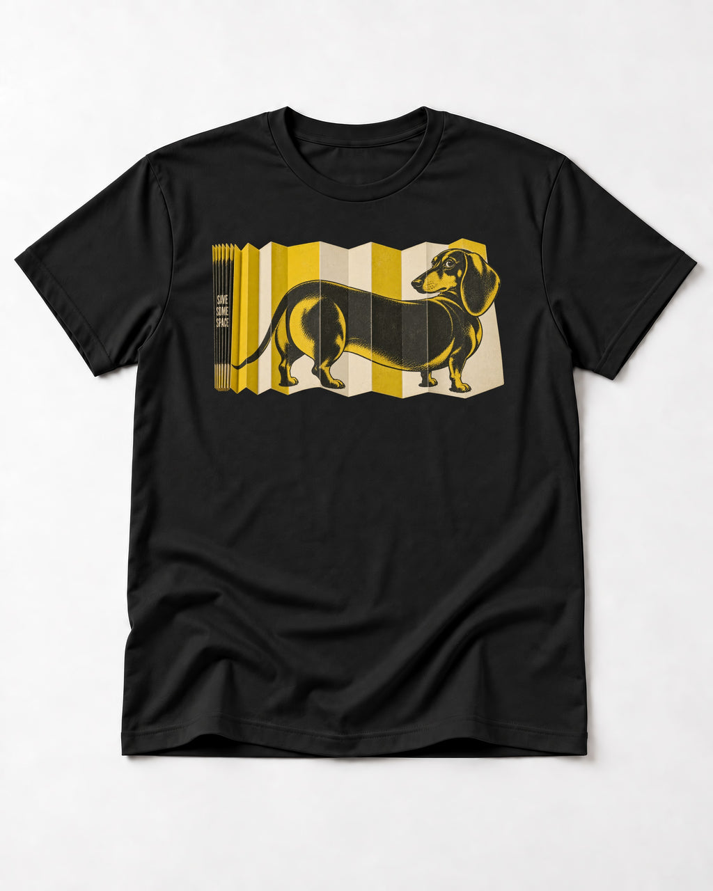 Dachshund Save Some Space Accordion Screen Graphic T-Shirt in Black, flat lay product photo