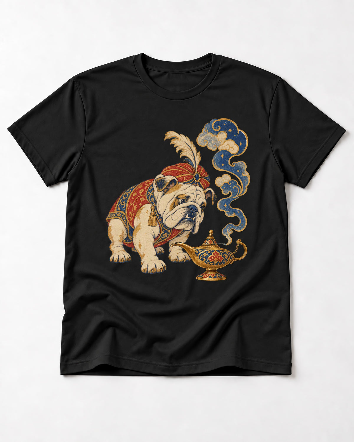 English Bulldog Magic Lamp Genie Graphic T-Shirt in Black, flat lay product photo