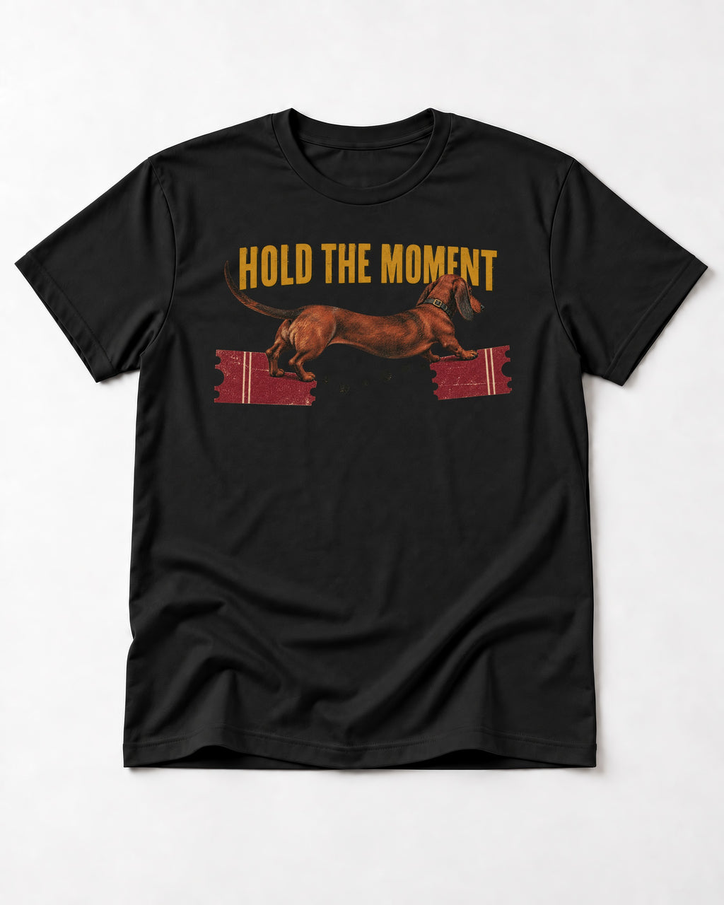 Dachshund Hold The Moment Torn Ticket Bridge Graphic T-Shirt in Black, flat lay product photo