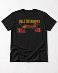 Dachshund Hold The Moment Torn Ticket Bridge Graphic T-Shirt in Black, flat lay product photo