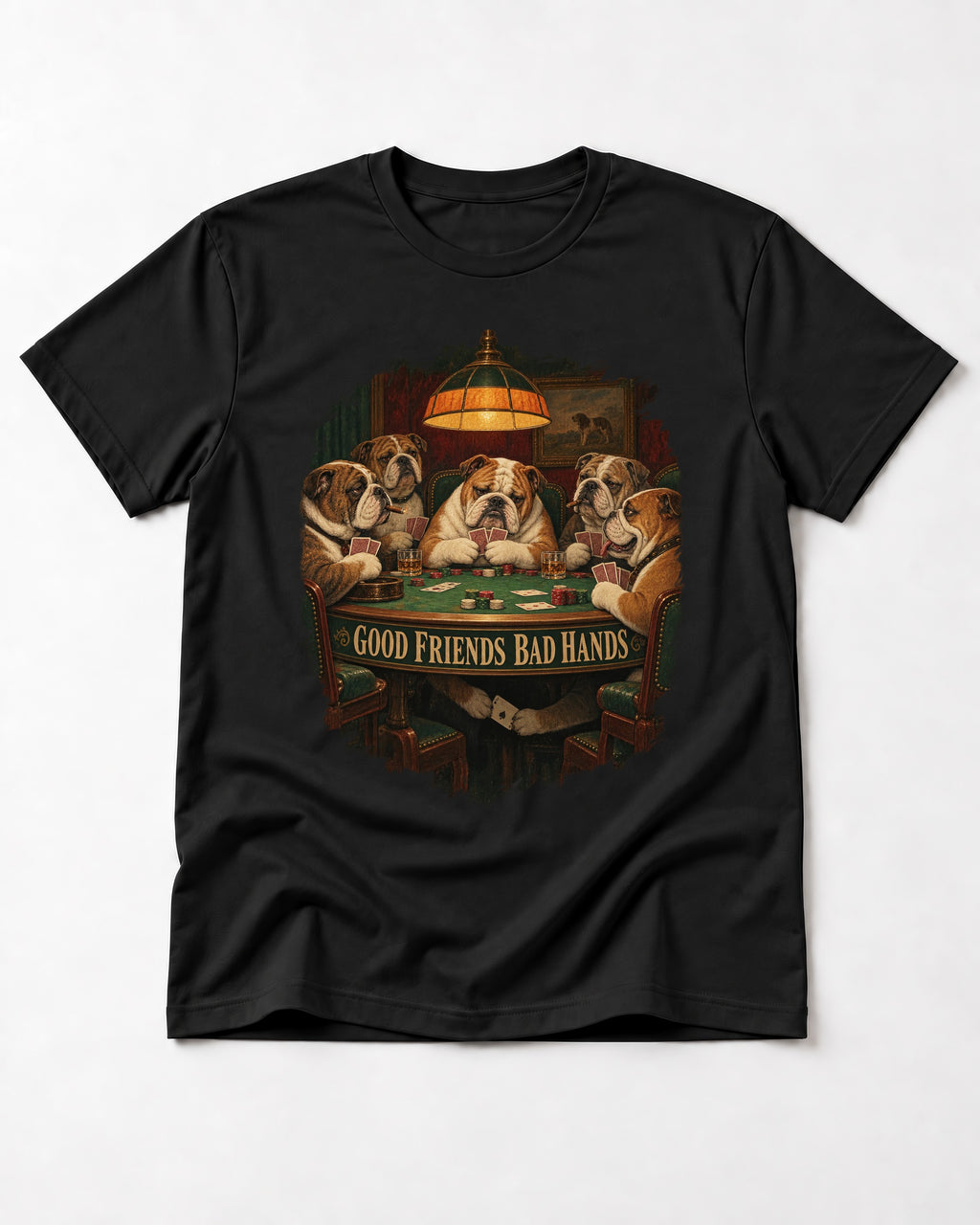English Bulldog Good Friends Bad Hands Poker Graphic T-Shirt in Black, flat lay product photo
