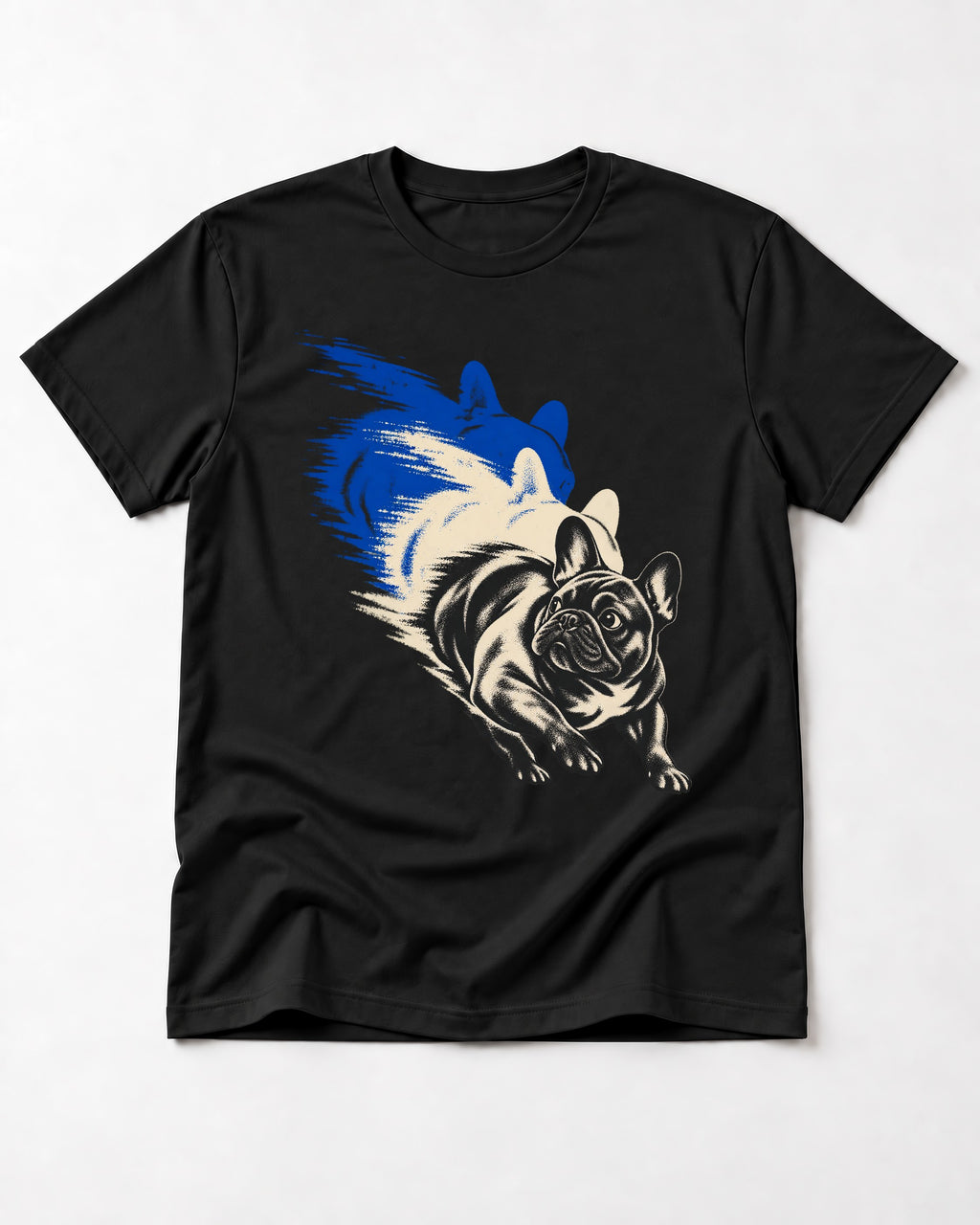 Frenchie Blue Brush Zoomie Graphic T-Shirt in Black, flat lay product photo
