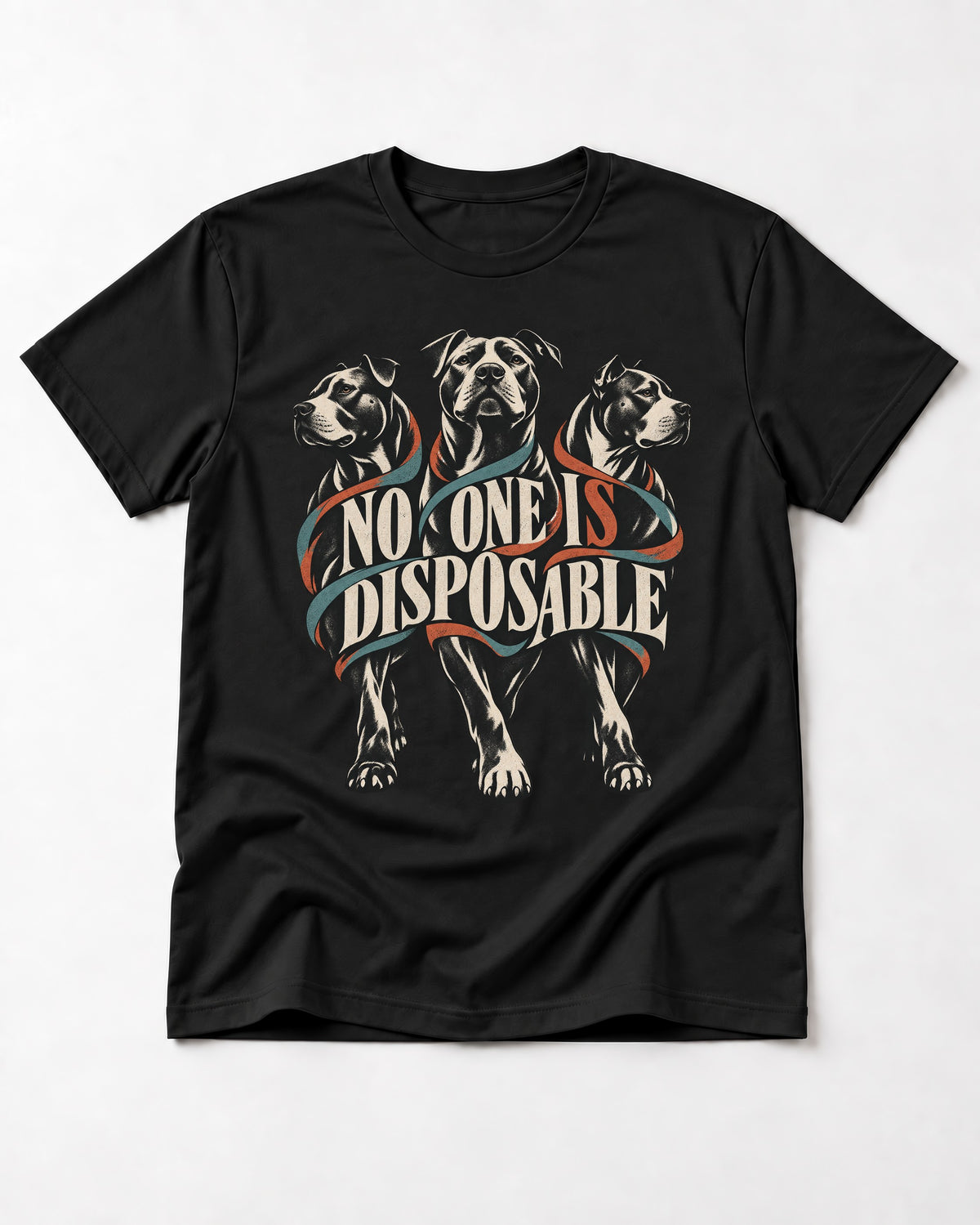 Pitbull No One Is Disposable Three Dogs Graphic T-Shirt in Black, flat lay product photo
