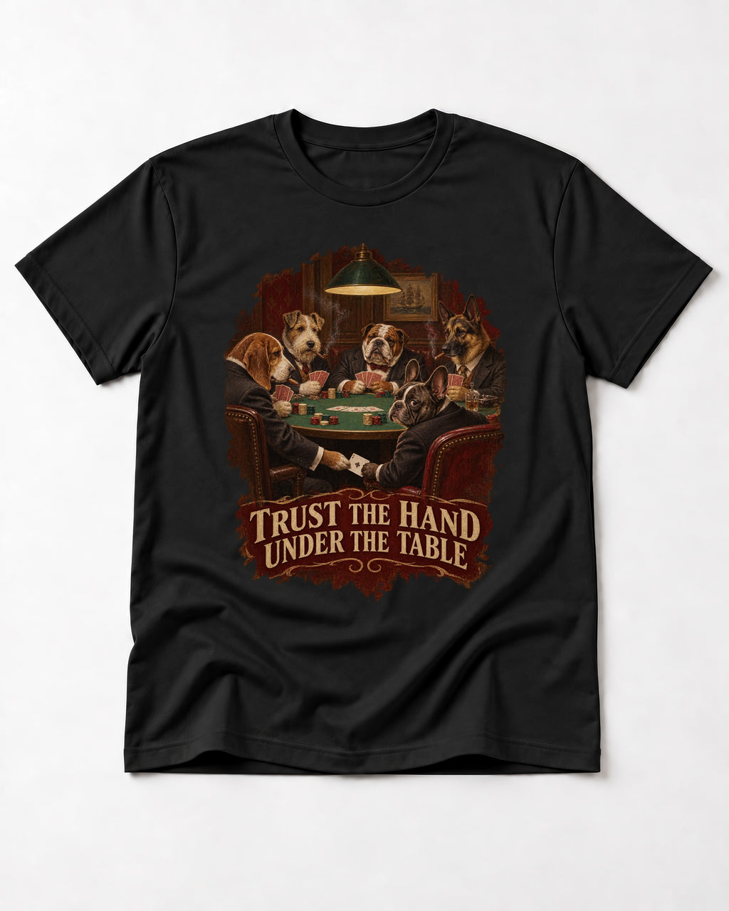 Frenchie Trust the Hand Under the Table Poker Dogs Graphic T-Shirt in Black, flat lay product photo
