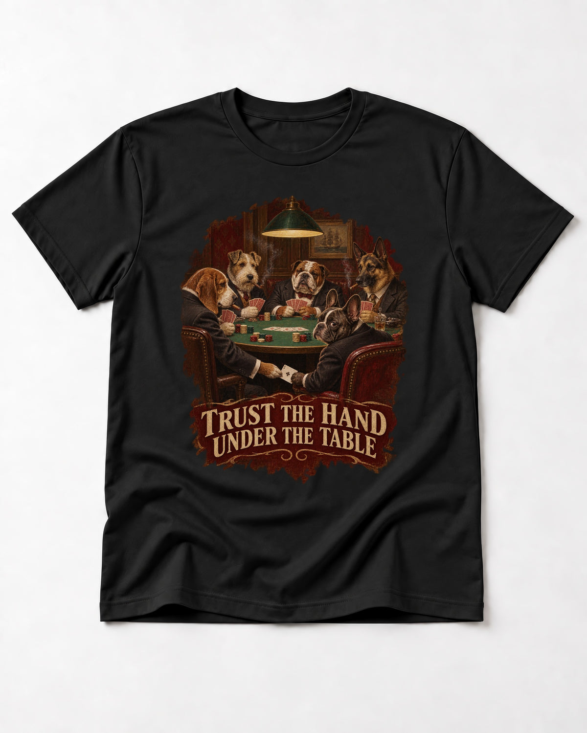 Frenchie Trust the Hand Under the Table Poker Dogs Graphic T-Shirt in Black, flat lay product photo