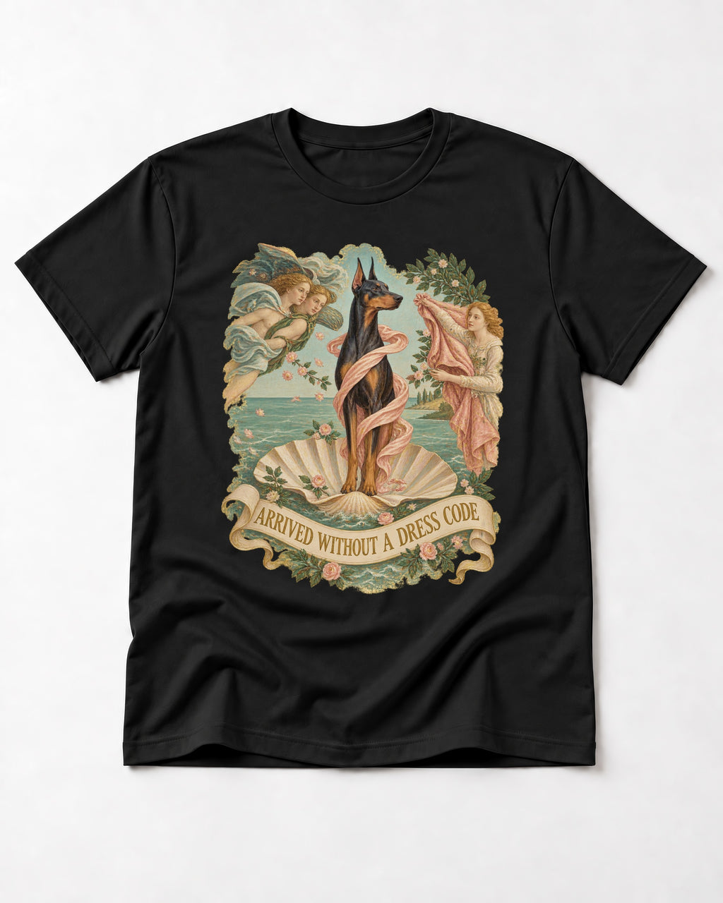 Doberman Arrived Without a Dress Code Renaissance Graphic T-Shirt in Black, flat lay product photo