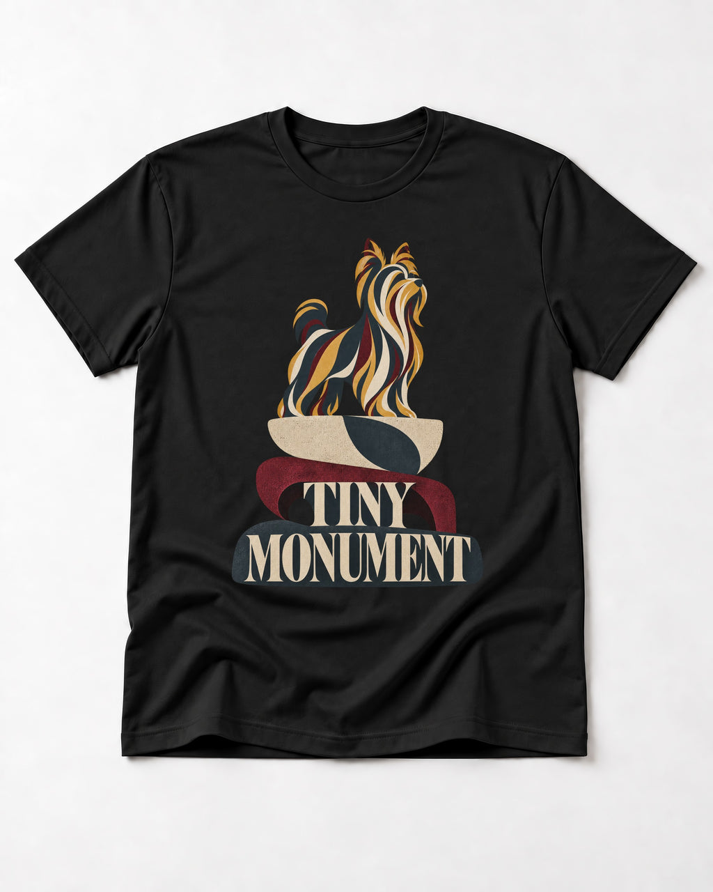 Yorkshire Terrier Tiny Monument Sculptural Plinth Graphic T-Shirt in Black, flat lay product photo