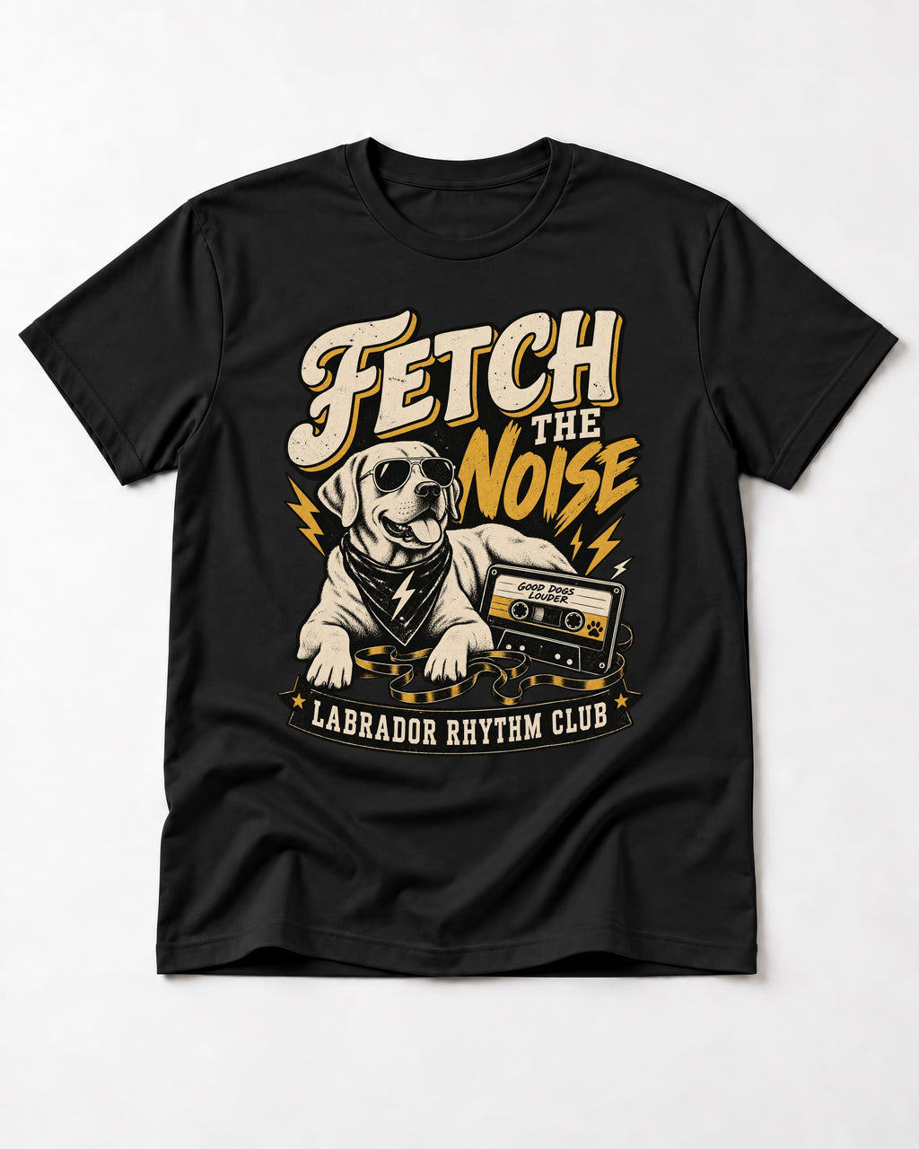 Labrador Retriever Fetch the Noise Rhythm Club DJ Graphic T-Shirt in Black, flat lay product photo