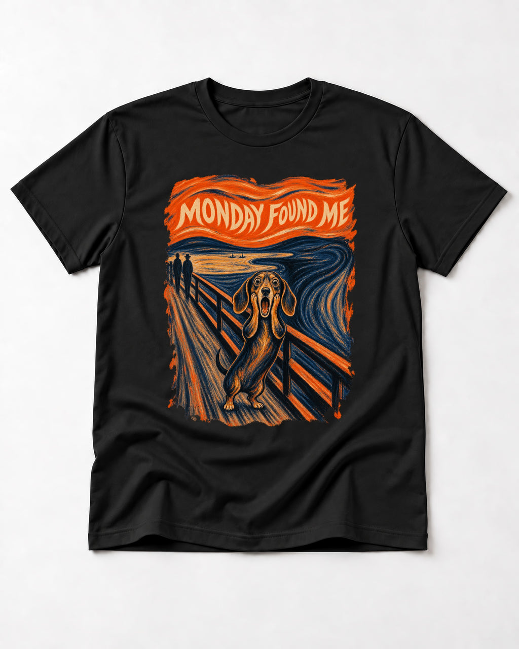 Dachshund Monday Found Me Scream Poster T-Shirt in Black, flat lay product photo