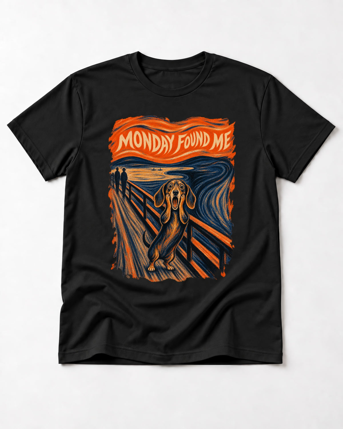 Dachshund Monday Found Me Scream Poster T-Shirt in Black, flat lay product photo