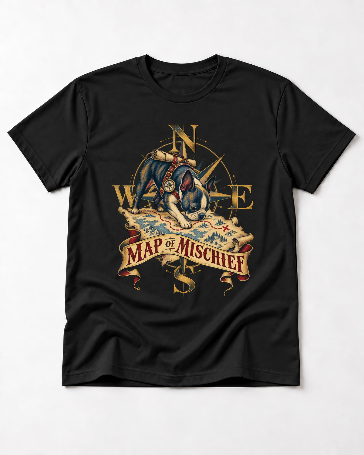 Map of Mischief Boston Terrier T-Shirt in Black, flat lay product photo