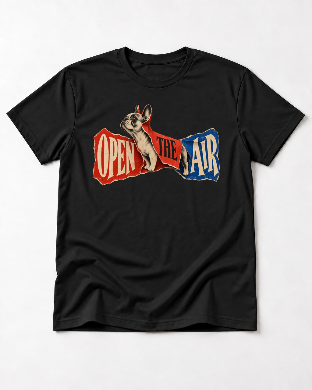 Frenchie Open the Air Torn Poster Graphic T-Shirt in Black, flat lay product photo