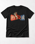 Frenchie Open the Air Torn Poster Graphic T-Shirt in Black, flat lay product photo
