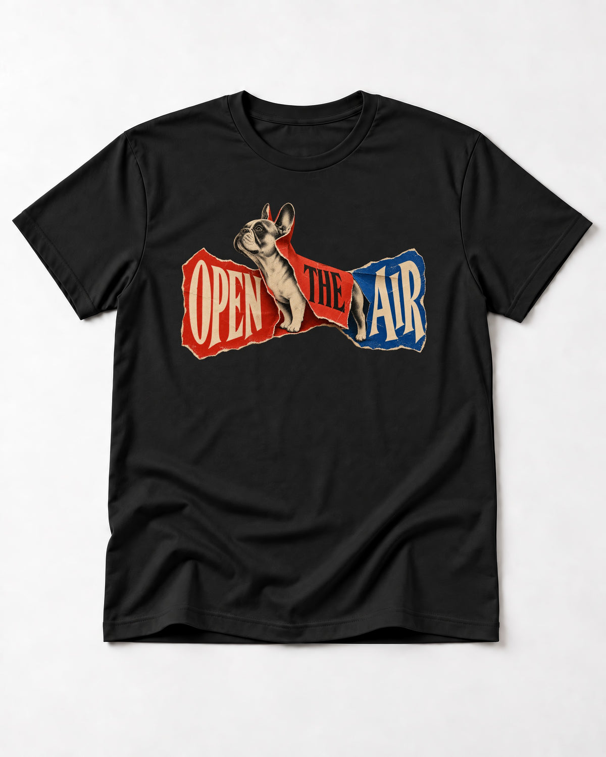 Frenchie Open the Air Torn Poster Graphic T-Shirt in Black, flat lay product photo