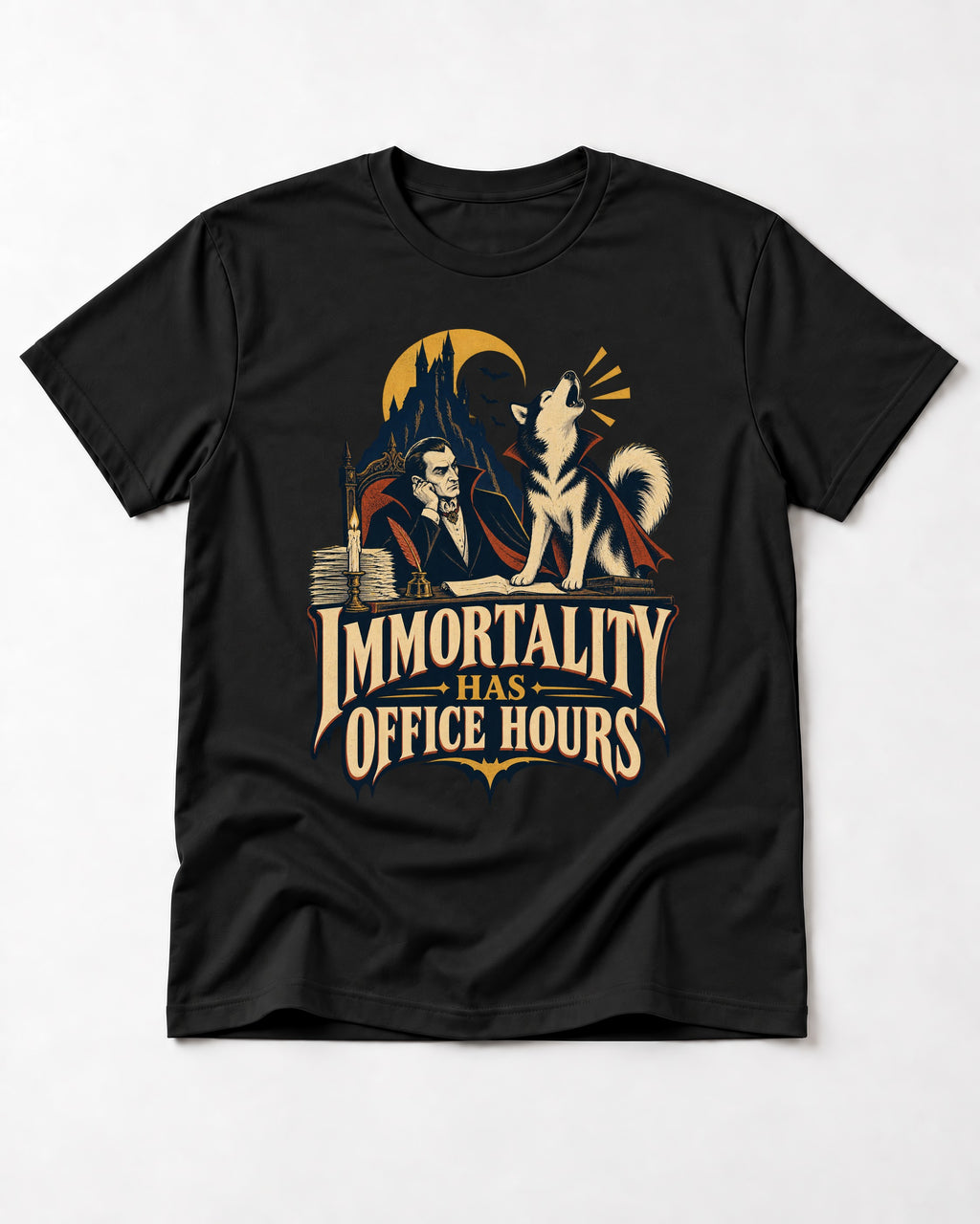 Husky Immortality Has Office Hours Vampire Office Graphic T-Shirt in Black, flat lay product photo