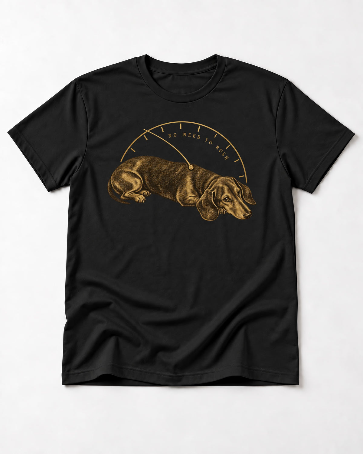 Dachshund No Need To Rush Gauge Graphic T-Shirt in Black, flat lay product photo