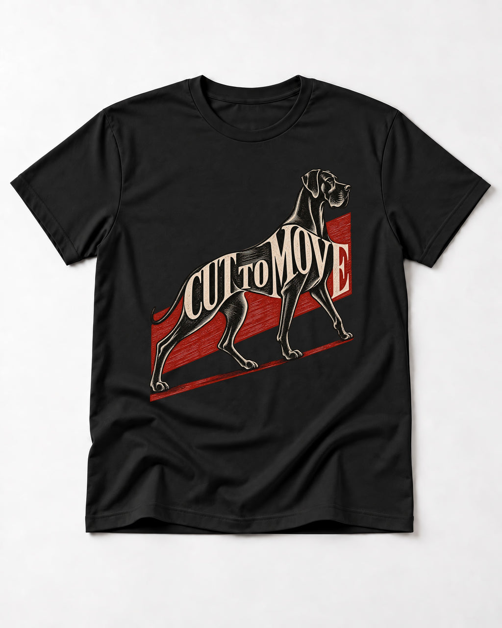 Great Dane Cut to Move Walking Typography Graphic T-Shirt in Black, flat lay product photo