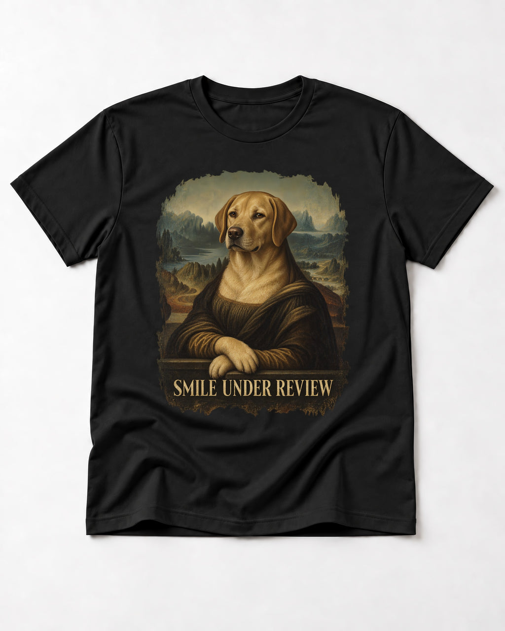 Labrador Retriever Smile Under Review Mona Lisa Graphic T-Shirt in Black, flat lay product photo