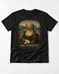 Labrador Retriever Smile Under Review Mona Lisa Graphic T-Shirt in Black, flat lay product photo