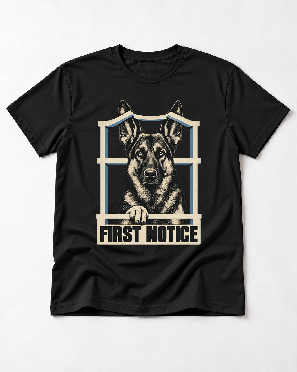 First Notice Window German Shepherd Dog Graphic T-Shirt in Black, flat lay product photo