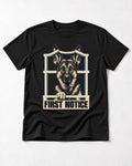 First Notice Window German Shepherd Dog Graphic T-Shirt in Black, flat lay product photo