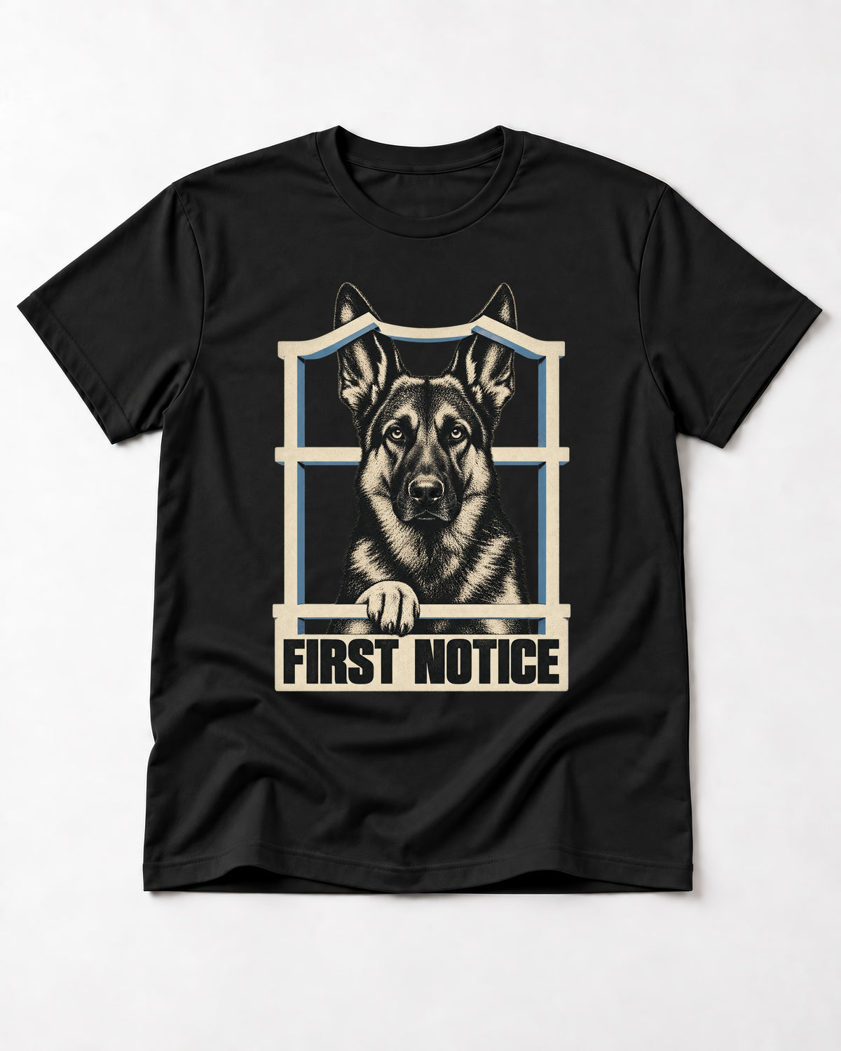 First Notice Window German Shepherd Dog Graphic T-Shirt in Black, flat lay product photo