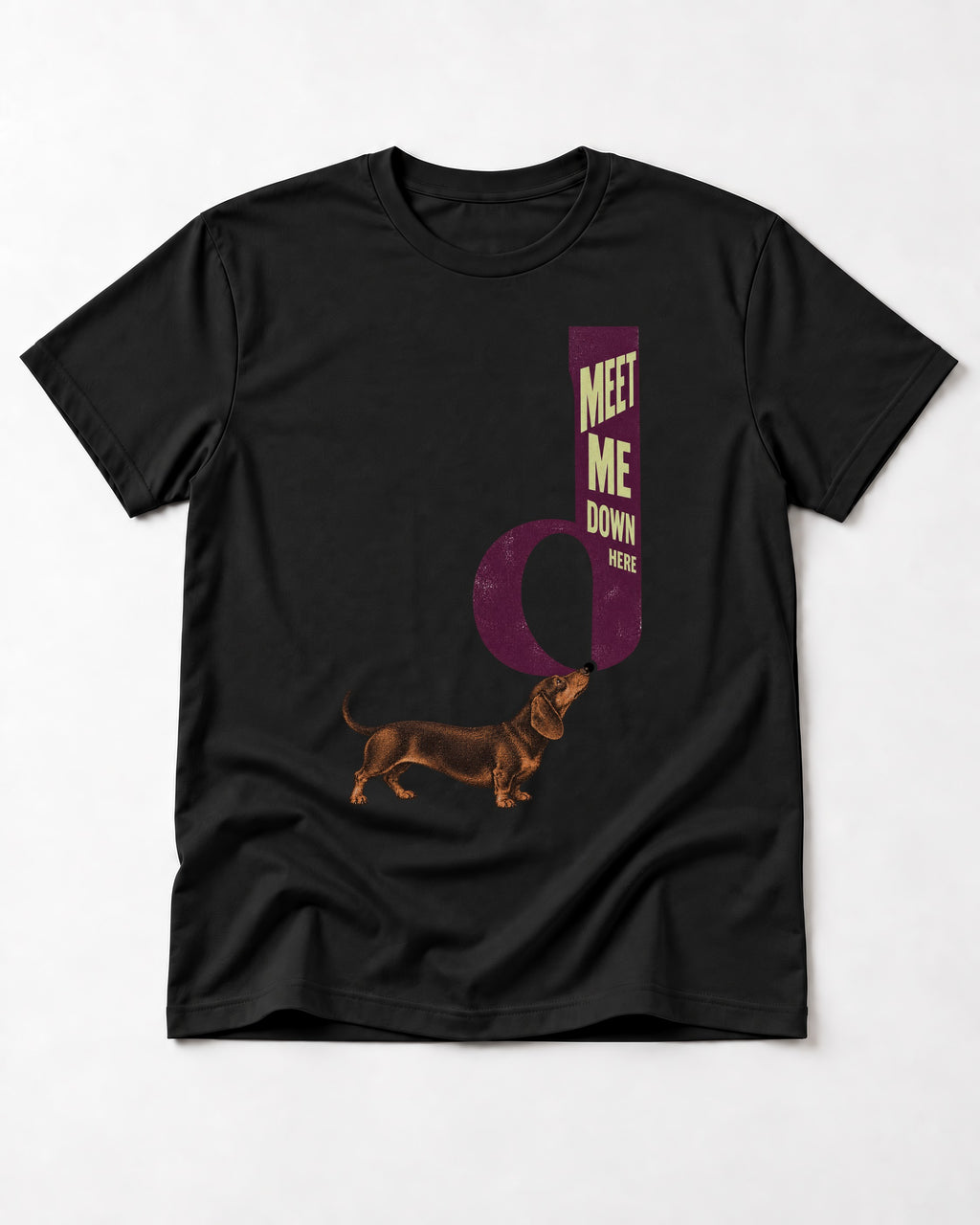 Dachshund Meet Me Down Here Letterform Loop Graphic T-Shirt in Black, flat lay product photo