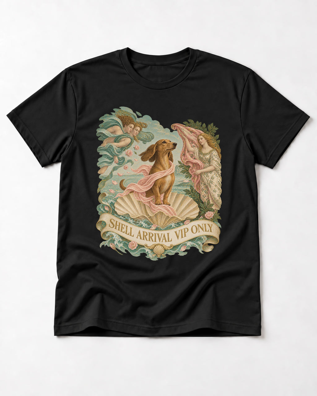 Dachshund Shell Arrival VIP Only Venus Parody Graphic T-Shirt in Black, flat lay product photo