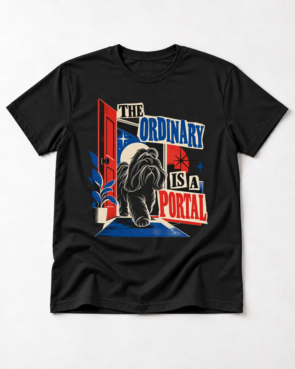 Shih Tzu The Ordinary Is a Portal Door Graphic T-Shirt in Black, flat lay product photo