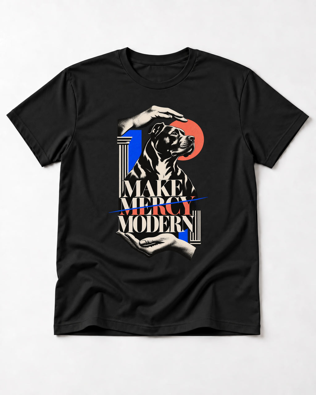 Pitbull Make Mercy Modern Protective Hands Graphic T-Shirt in Black, flat lay product photo