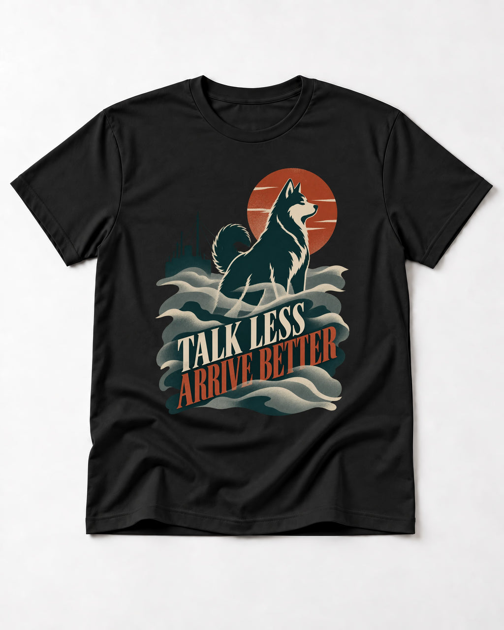 Husky Talk Less Arrive Better Harbor Wave Graphic T-Shirt in Black, flat lay product photo