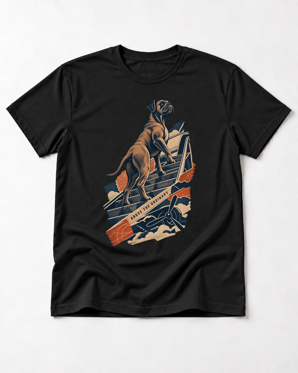 Above the Ordinary Boxer Aviation Graphic T-Shirt in Black, flat lay product photo