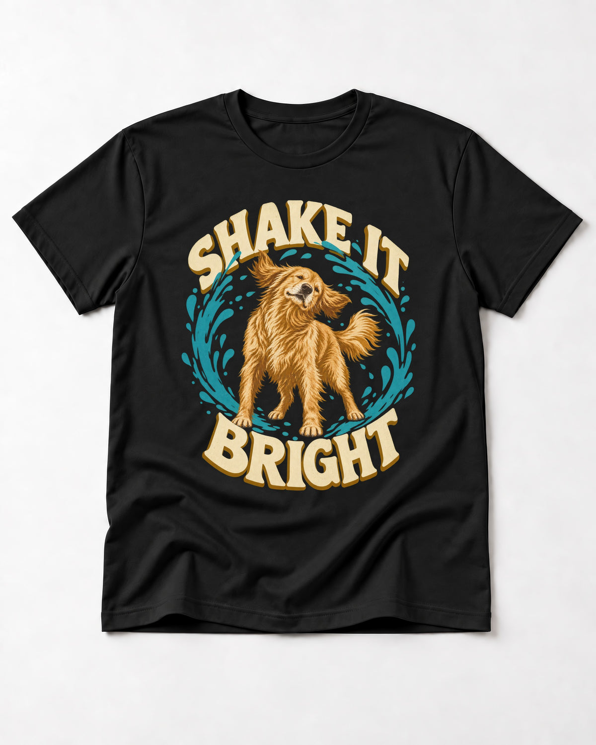 Golden Retriever Shake It Bright Water Ring Graphic T-Shirt in Black, flat lay product photo
